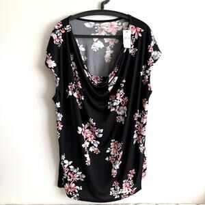 NWT Lane Bryant Womens 22/24 Wrap Cap Sleeve Black Floral Blouse Layering Dainty